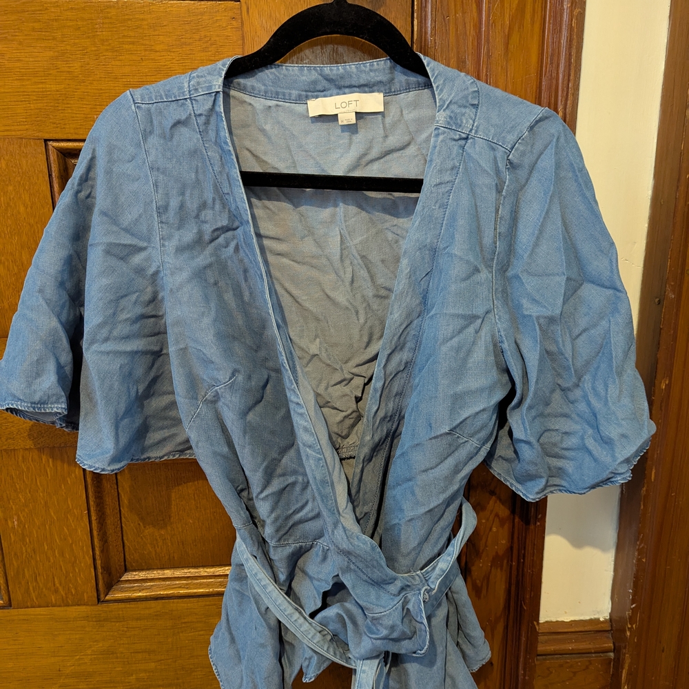 LOFT Blue Short Sleeve Wrap Blouse with Tie Front